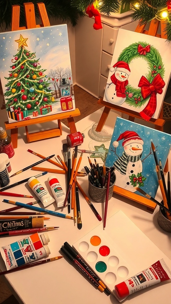 A festive workspace with Christmas paintings, brushes, and paint supplies.